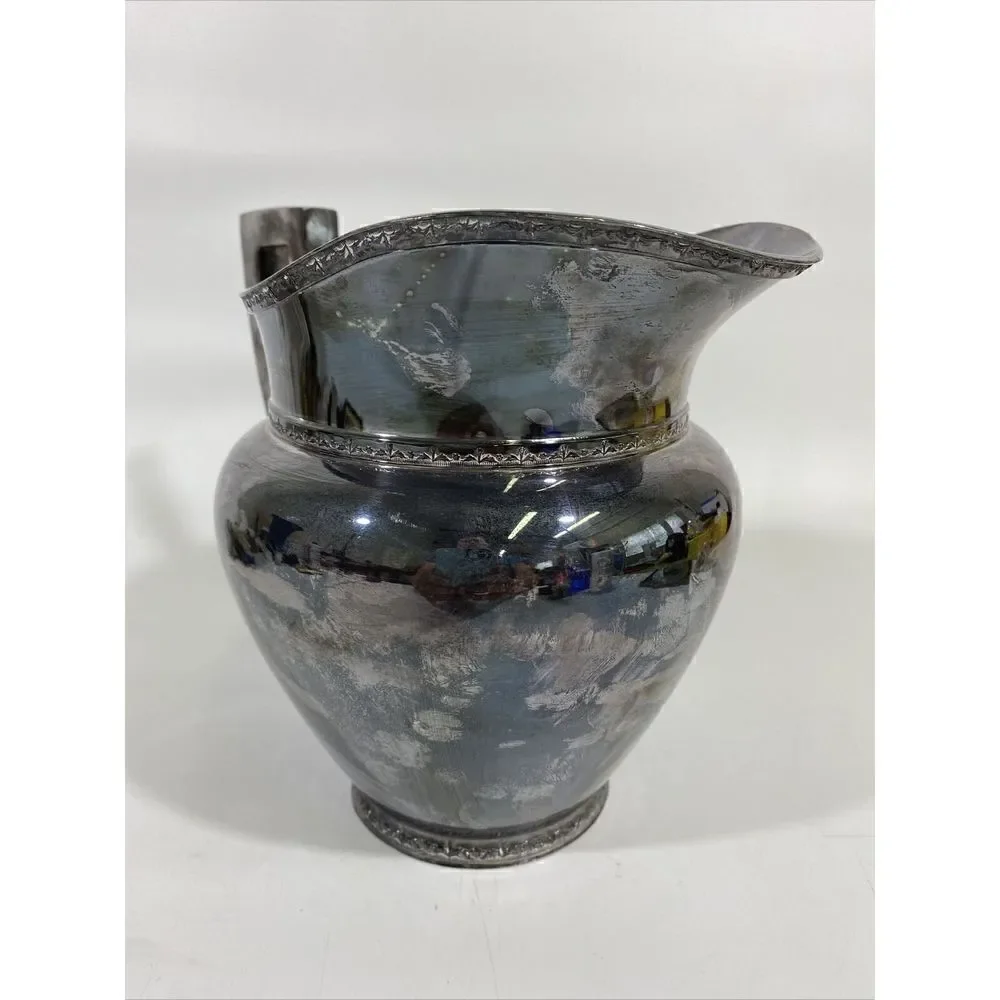 Antique H.S. Co Silverplate Water Pitcher Art Deco 7.75” X 9.5” Geometric Handle